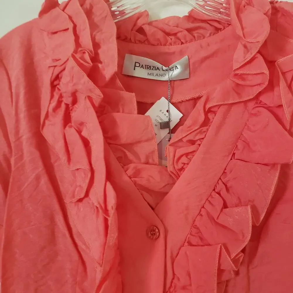 Patrizia Luca Coral Buttondown Blouse w Ruffles Size Medium - Picture 5 of 7